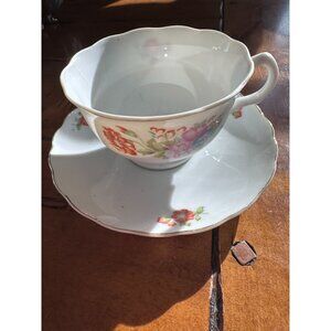 Vintage Porcelain Floral Tea Cup & Saucer Set Gold Trim Scalloped Edge Made In J
